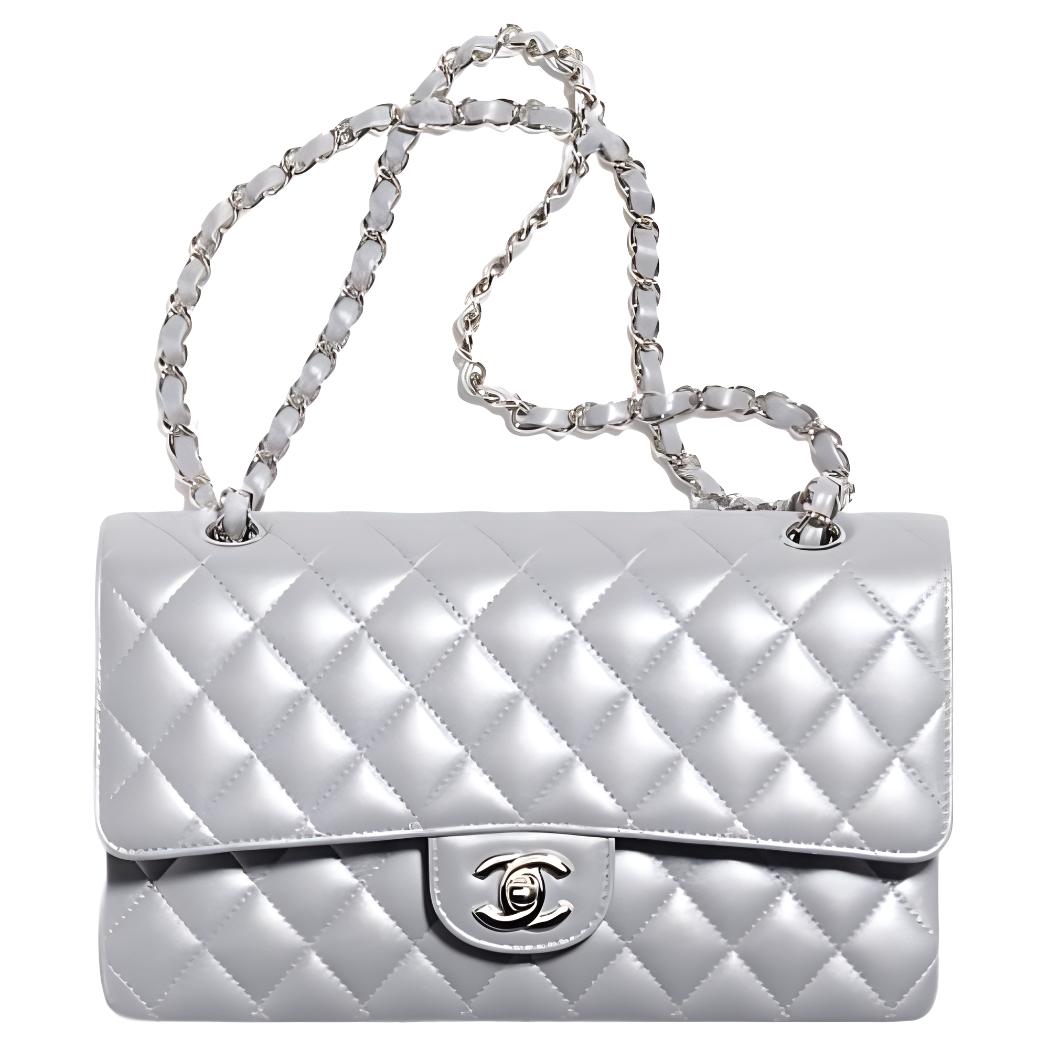CHANEL Classic Flap CF Sheepskin Mouth Cover Bag Crossbody Bag Medium Size Women's Silver Gray