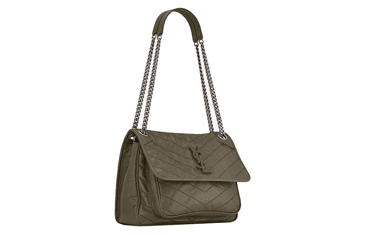 SAINT LAURENT Cow Leather Hobo Bag Chain Shoulder Bag Crossbody Bag Women's Gray Khaki