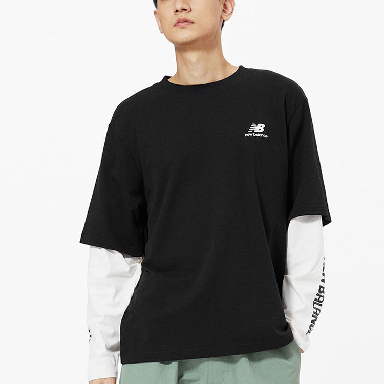 New Balance Contrast Color Stitching Knit Round Neck Long Sleeves Black T-Shirt AMT13370-BK