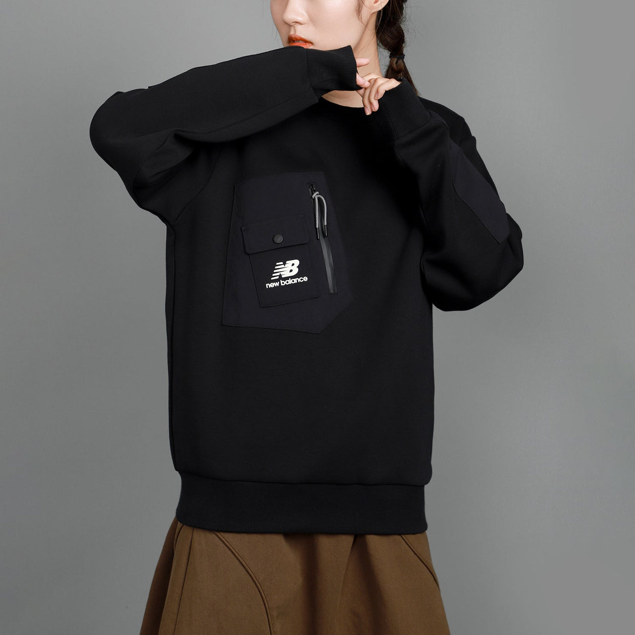New Balance Pocket Splicing Knit Sports Round Neck Pullover Couple Style Black AMT13378-BK