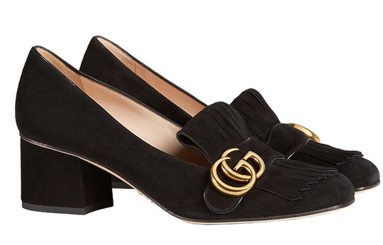 (WMNS) Gucci Marmont Fringed Suede Loafer Mid-Heel 'Black' 408208-C2000-1000