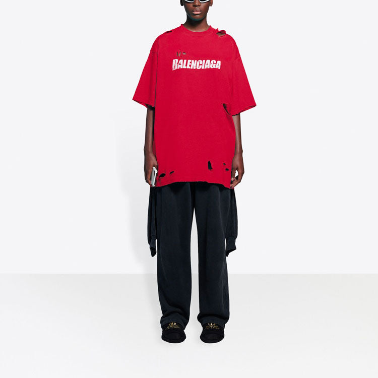 Men's Balenciaga Alphabet Printing Pattern Hole Round Neck Short Sleeve Red 651795TKVB86295