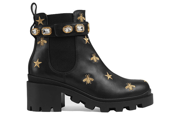 (WMNS) Gucci Stars and Bee Embroidered Leather Ankle Boot With Belt 'Black' 557735-AYO10-1000