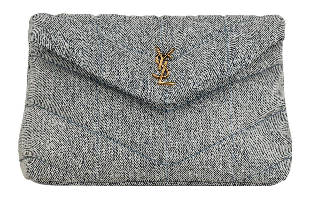 SAINT LAURENT PUFFER Cotton With Leather Clutch Trumpets Women's Blue Gray