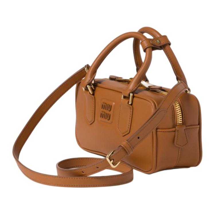 MIU MIU Arcadie Series Leather Bowling Bag Shoulder Bag Crossbody Bag Handbag Women's Cognac