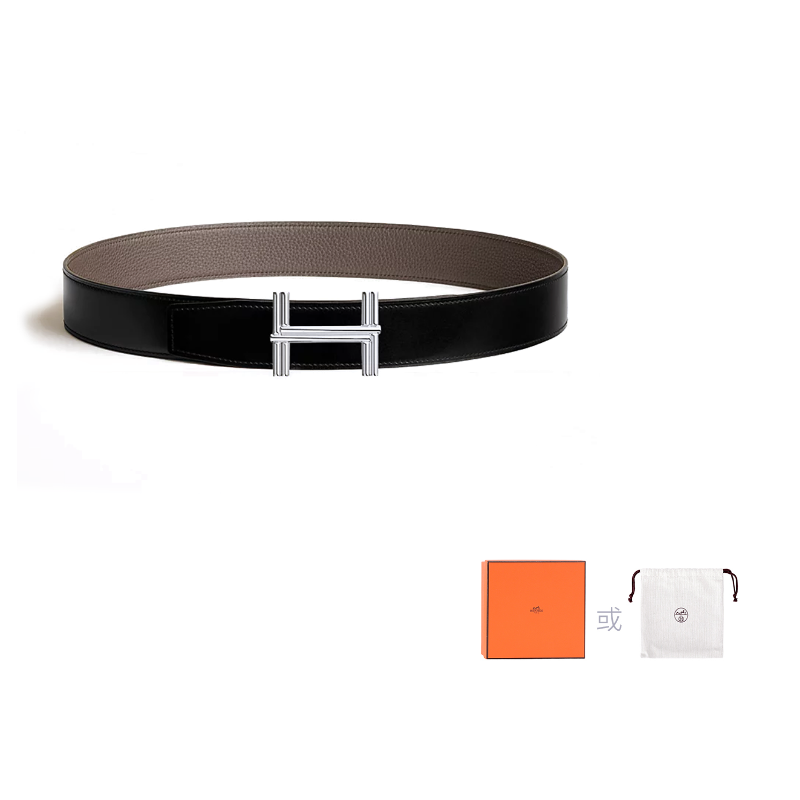 HERMES Togo Calfskin Leather Belts Men's Black Width: 3.8CM
