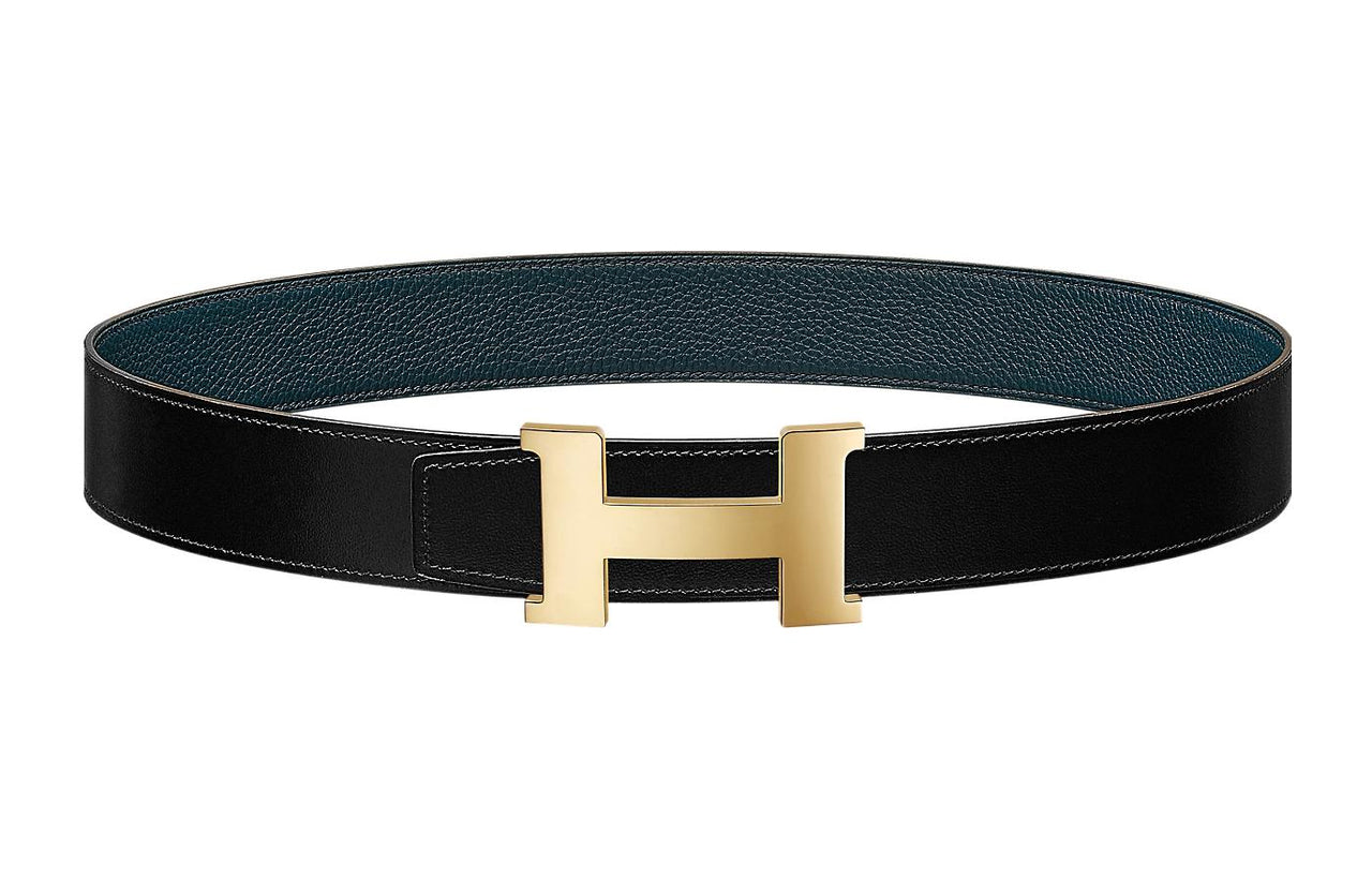 HERMES Togo Calfskin Double-Sided Leather Belt Leather Belts Men's Black/Prussian Blue Width: 3.8cm