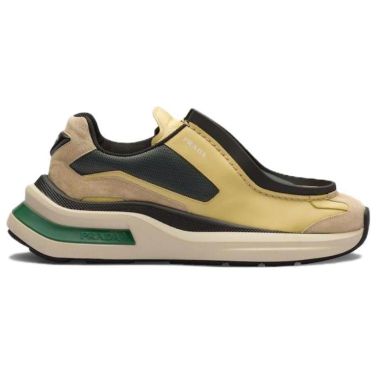 PRADA Brushed Leather Sneakers Bike Fabric Suede Vanilla Anthracite Green