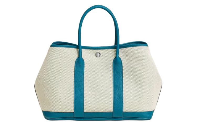 HERMES Garden Canvas With Leather Handbag Women's Blue & Beige