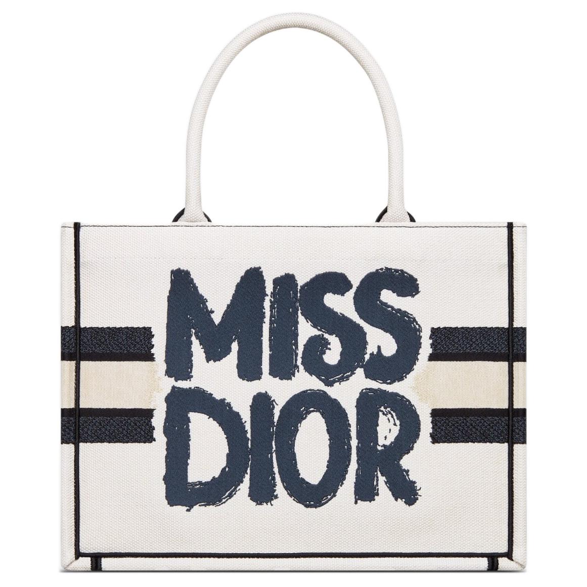 DIOR Embroidery Tote Bag, Shopping Bag, Handbag Medium Size Women's White & Blue