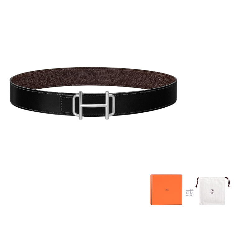HERMES Togo Calfskin Double-Sided Leather Belt Leather Belts Men's Black/Chocolate Width: 3.8cm