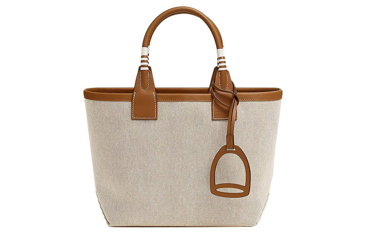 HERMES Steeple H Canvas With Swift Calfskin Canvas Bag, Handbag Regular Women's Light Beige/Beige/Gold