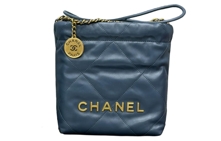 CHANEL 22Bag Shiny Calfskin Bucket Bag, Shoulder Bag, Crossbody Bag Mini Women's Haze Blue