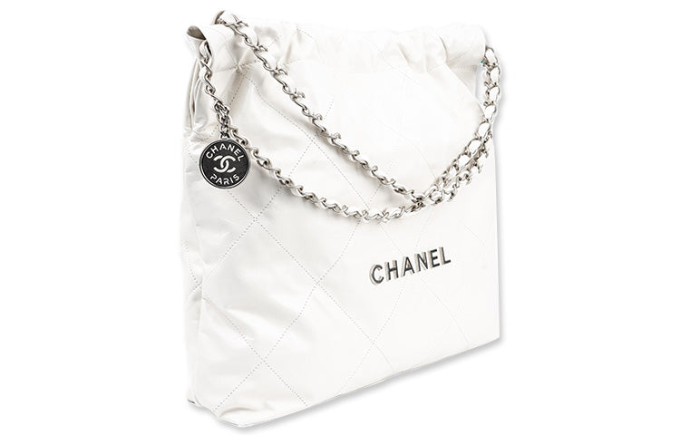 CHANEL 22Bag Calfskin With White Stitching & Silver Metal Tote Bag Shopping Bag Handbag Shoulder Bag Women's White