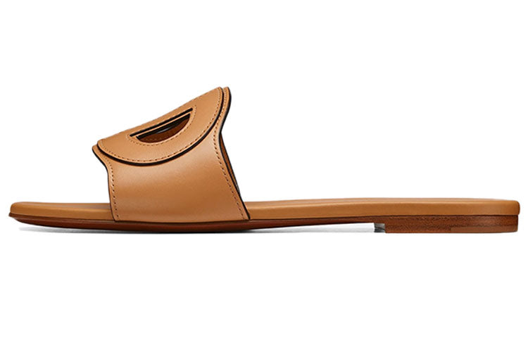 DIOR D Club Genuine Leather Sole Abrasion Resistant Slide Slippers Women's Camel