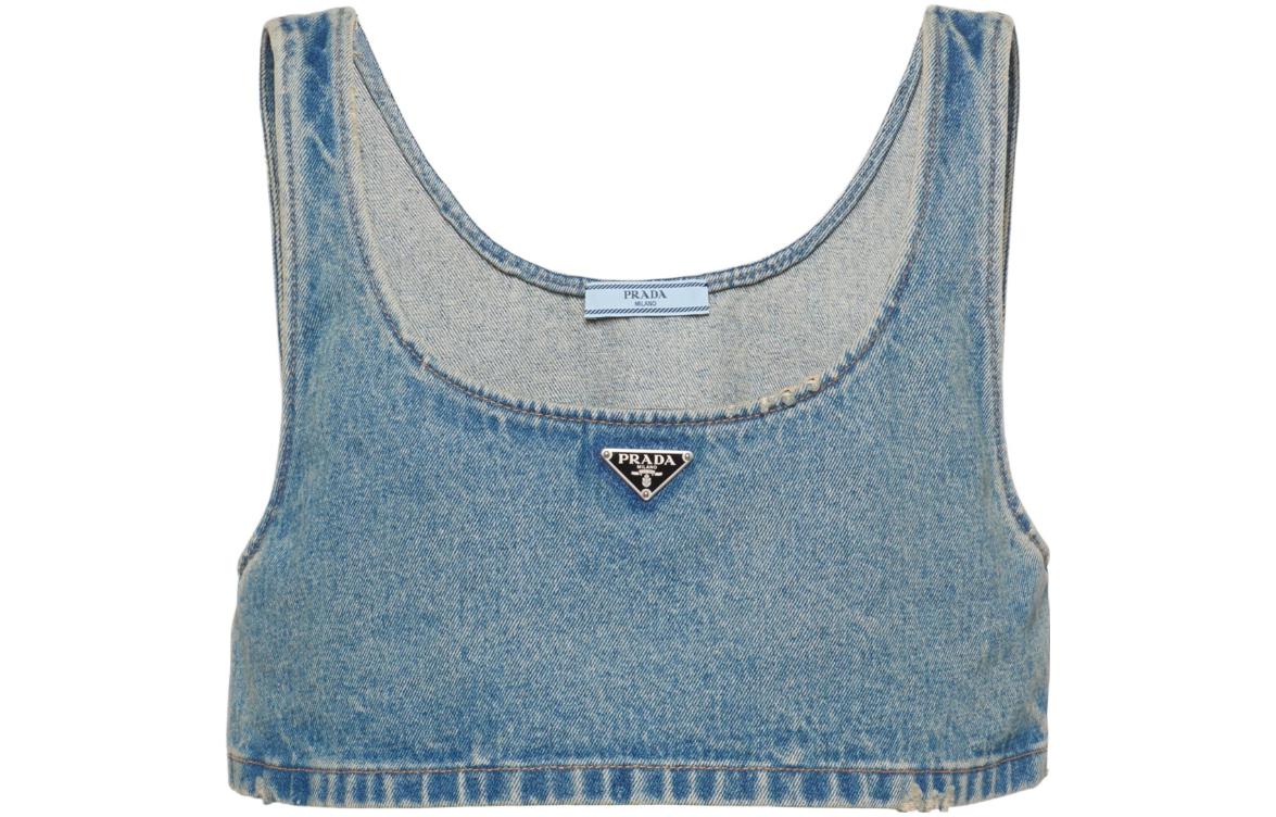 PRADA Triangle-logo Denim Crop Top