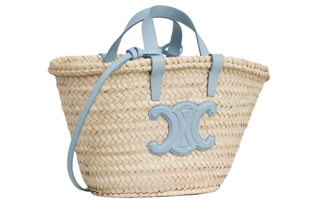 CELINE TEEN BUCKET Palm Leaf With Cow Leather Binding Tote Bag, Shopping Bag, Basket, Handbag Women's Light Blue