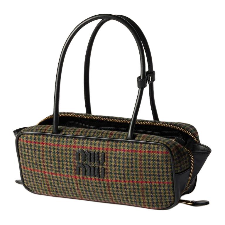 MIU MIU Plaid Velvet One Shoulder Handbags Women's Dark Green & Black