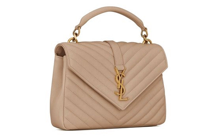 SAINT LAURENT College Quilted Leather Shoulder Bag, Crossbody Bag, Handbag Medium Size Women's Dark Beige