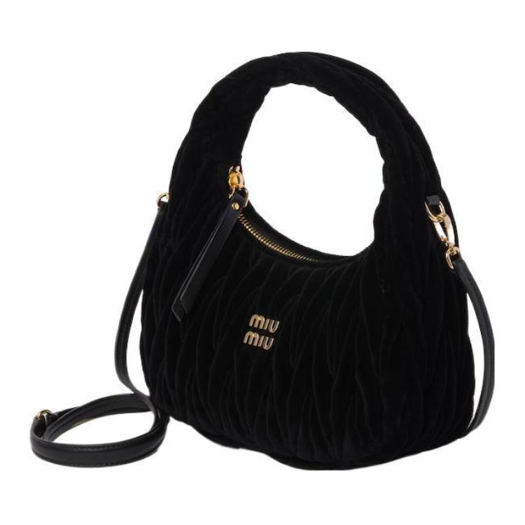 MIU MIU Wander Series Velvet Crescent Bag, Hobo Bag, Shoulder Bag, Crossbody Bag, Handbag Women's Black