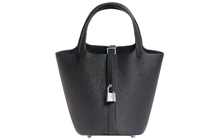 HERMES Picotin Lock Clemence Bullock Leather Basket Bag, Bucket Bag, Handbag 18 Women's 3Y Caban Black Cloth Color