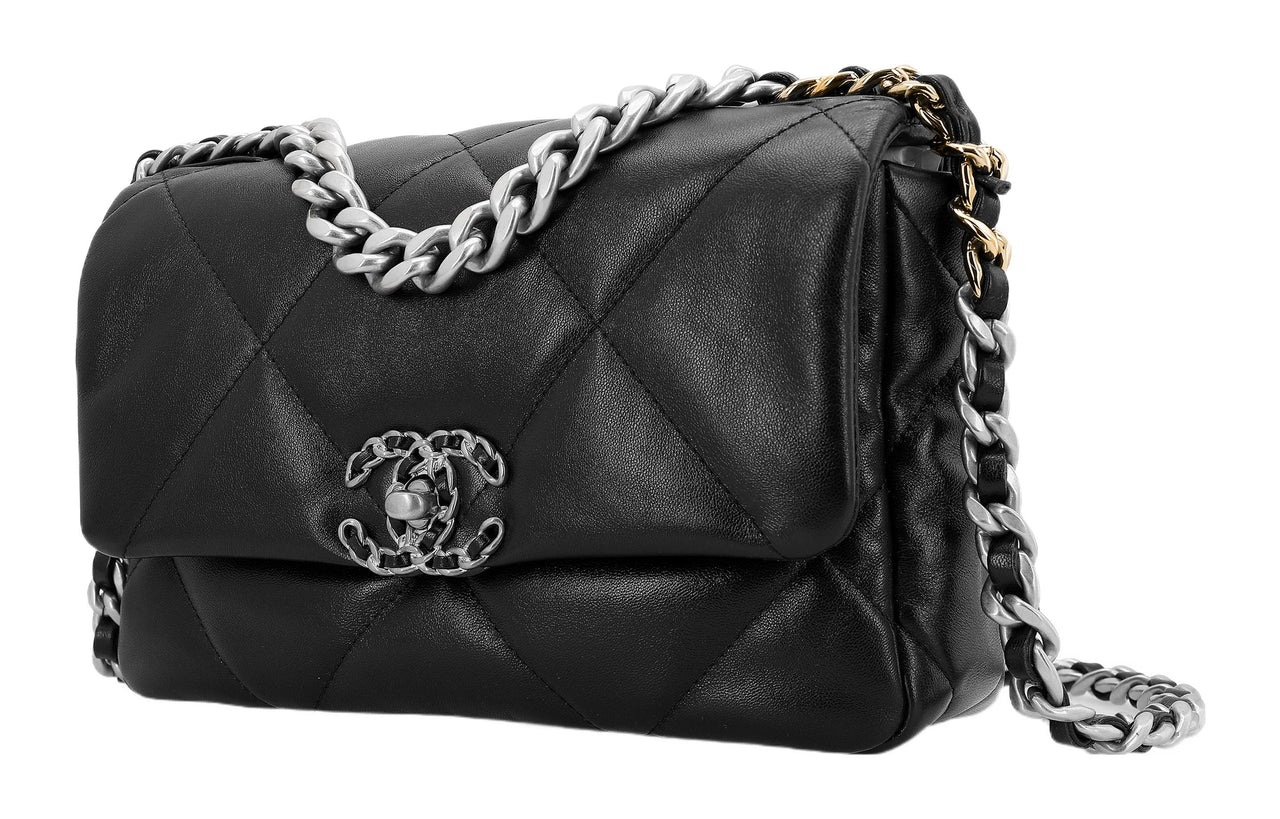 CHANEL 19Bag Sheepskin Mouth Cover Bag Crossbody Bag Small Size Women's Black Silver