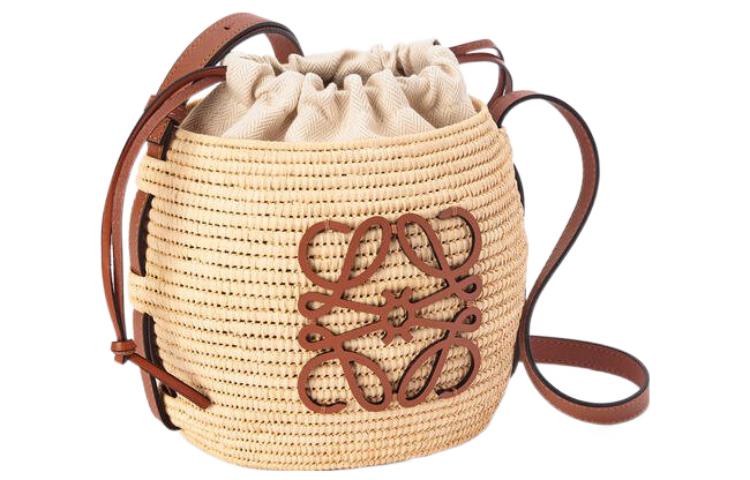 LOEWE Beehive Basket Fiber With Cow Leather Bucket Bag, Shoulder Bag, Crossbody Bag Women's Brown