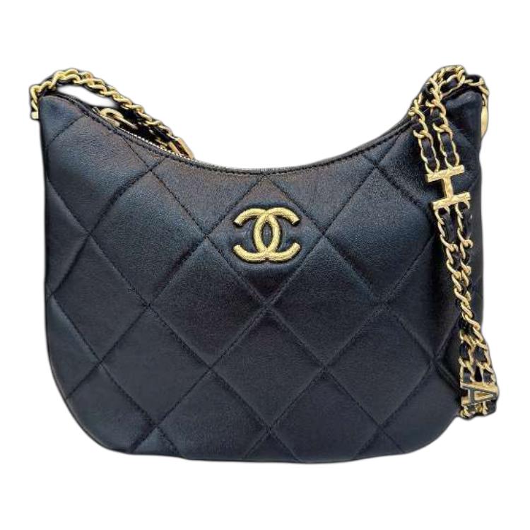 CHANEL Smooth Cow Leather Hobo Bag, Hippie Bag, Handbag, Shoulder Bag Women's Black