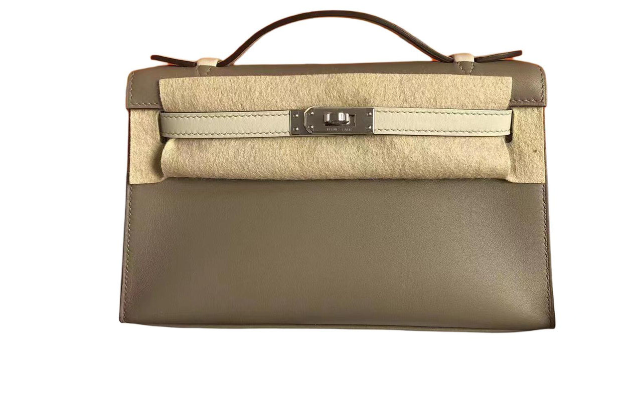 HERMES Swift Leather Shoulder Bag, Crossbody Bag, Handbag Mini Women's Galaxy Gray & Glacier White