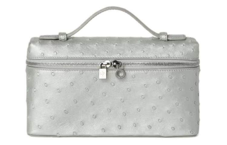 Loro Piana Ostrich Leather Shoulder Bag Crossbody Bag Handbag Women's Silver