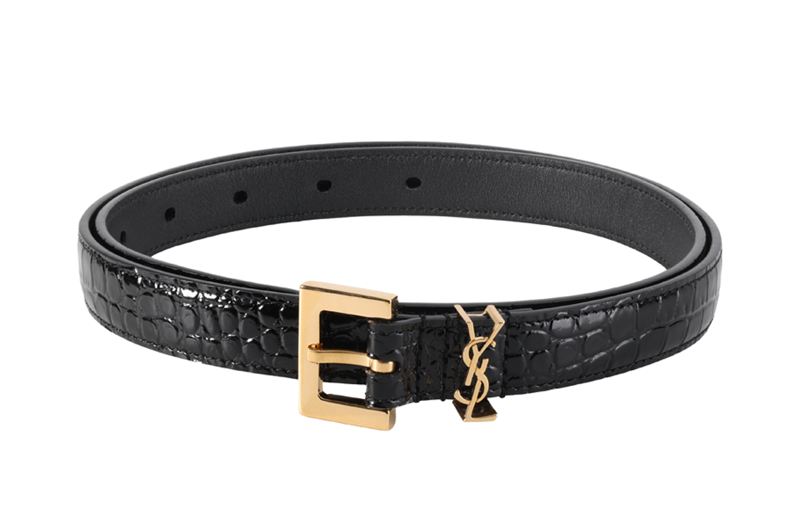 SAINT LAURENT Logo Plaque Square Buckled Embossed Belt