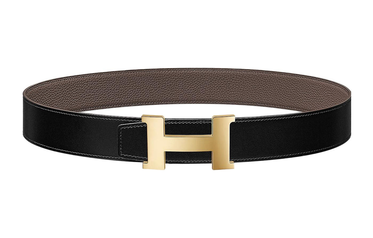 HERMES Togo Calfskin Double-Sided Leather Belt Leather Belts Men's Black/Tin Gray Width: 3.8cm