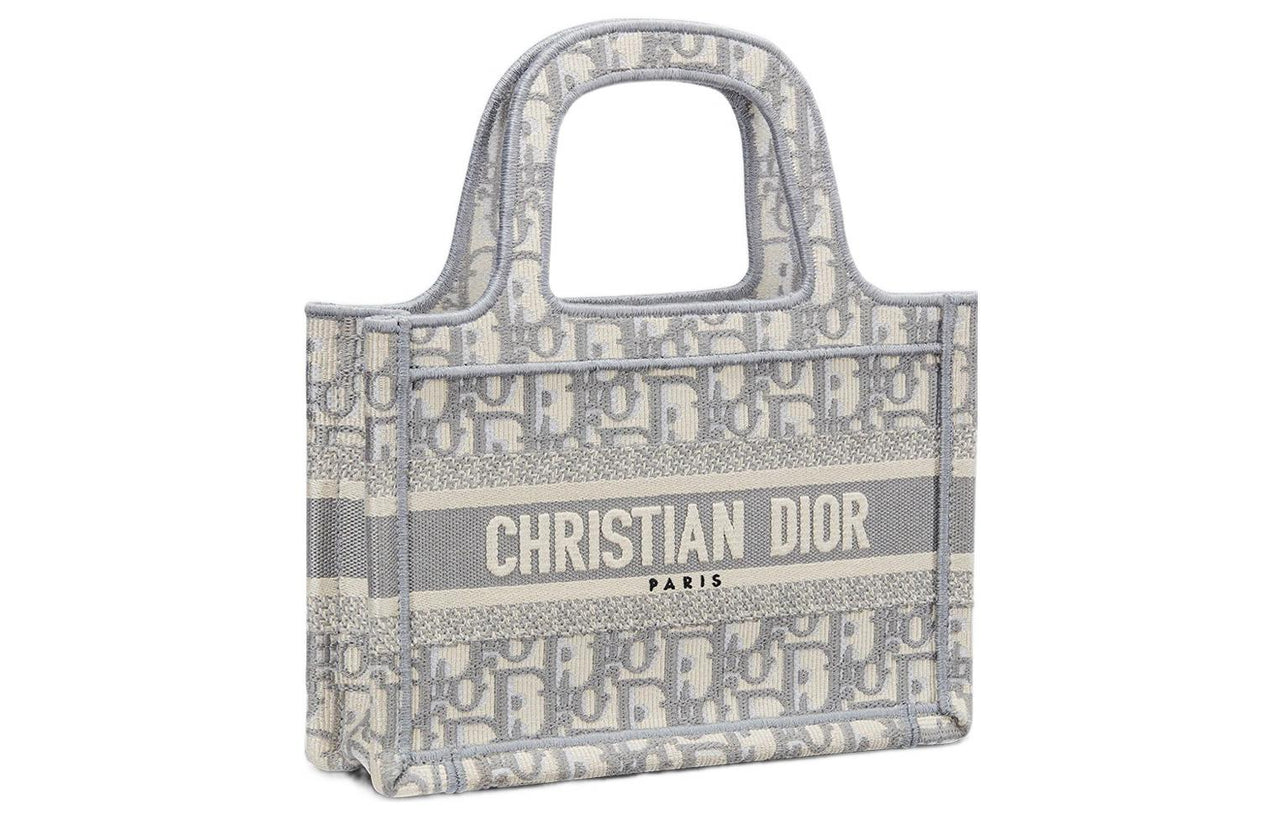 DIOR BookTote Embroidery Canvas Tote Bag Shopping Bag Handbag Mini Women's Gray