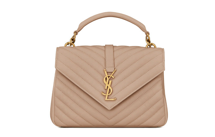 SAINT LAURENT College Quilted Leather Shoulder Bag, Crossbody Bag, Handbag Medium Size Women's Dark Beige