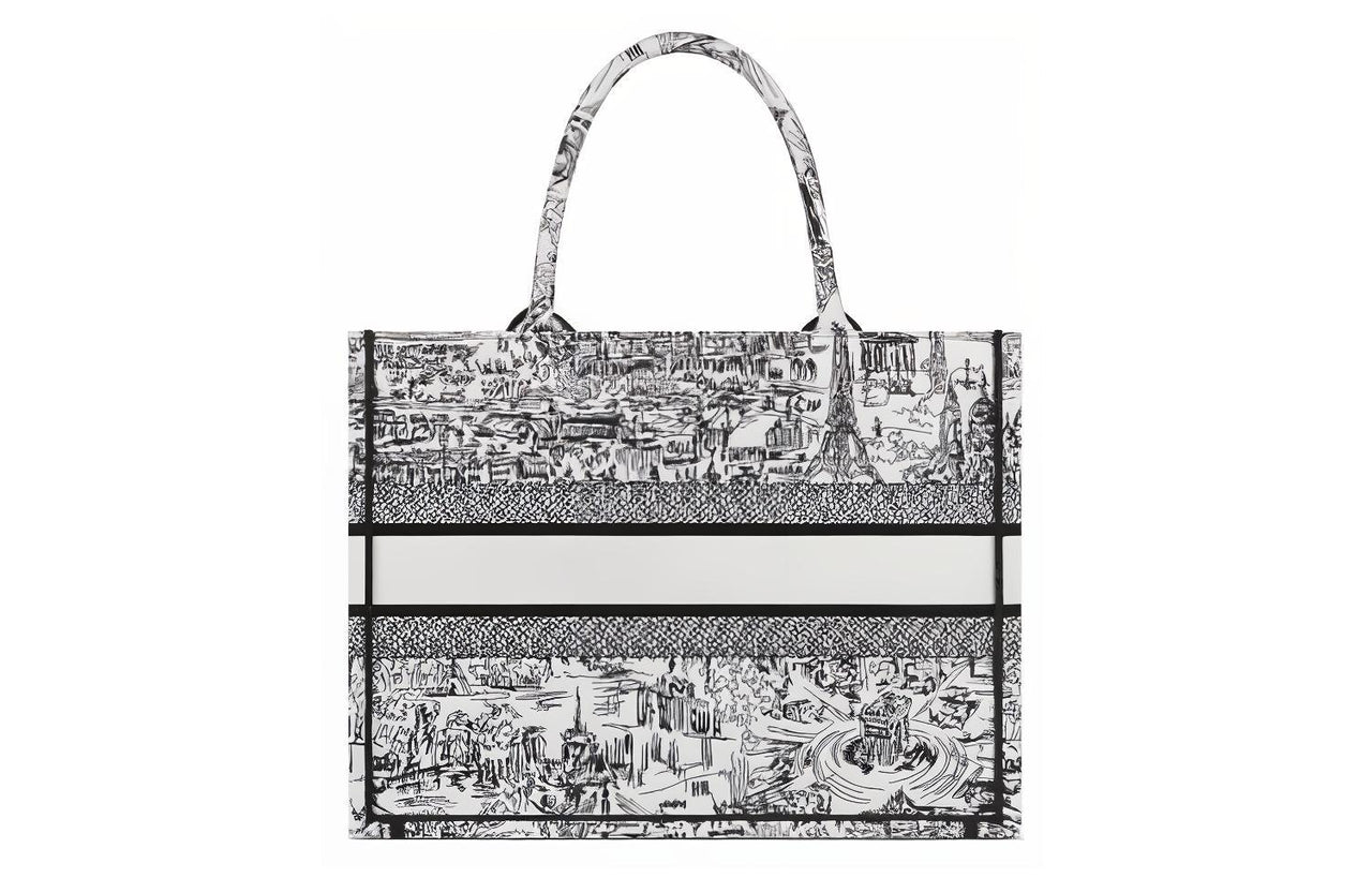 DIOR Embroidery Tote Bag, Shopping Bag, Handbag Medium Size Women's Black