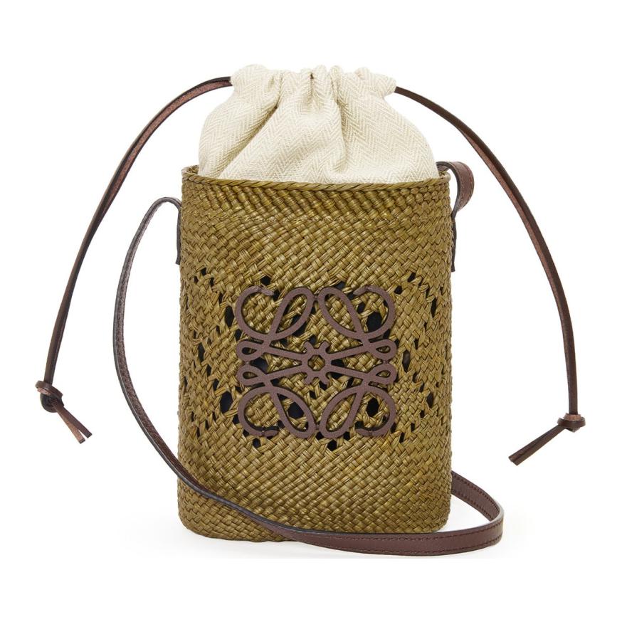 LOEWE Palm Leaf With Calfskin Bucket Bags Crossbody Bag, Shoulder Bag Women's Olive & Chestnut