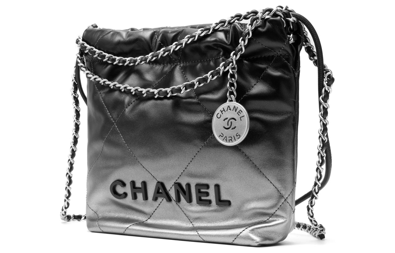 CHANEL 22Bag Calfskin Bucket Bag, Shoulder Bag, Crossbody Bag Mini Women's Silver & Black