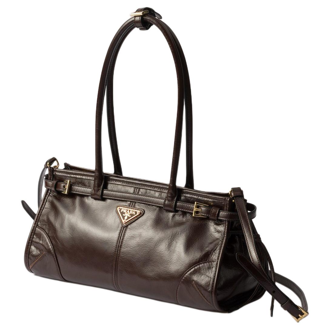 PRADA Leather One Shoulder Handbag Medium Size Women's Dark Brown