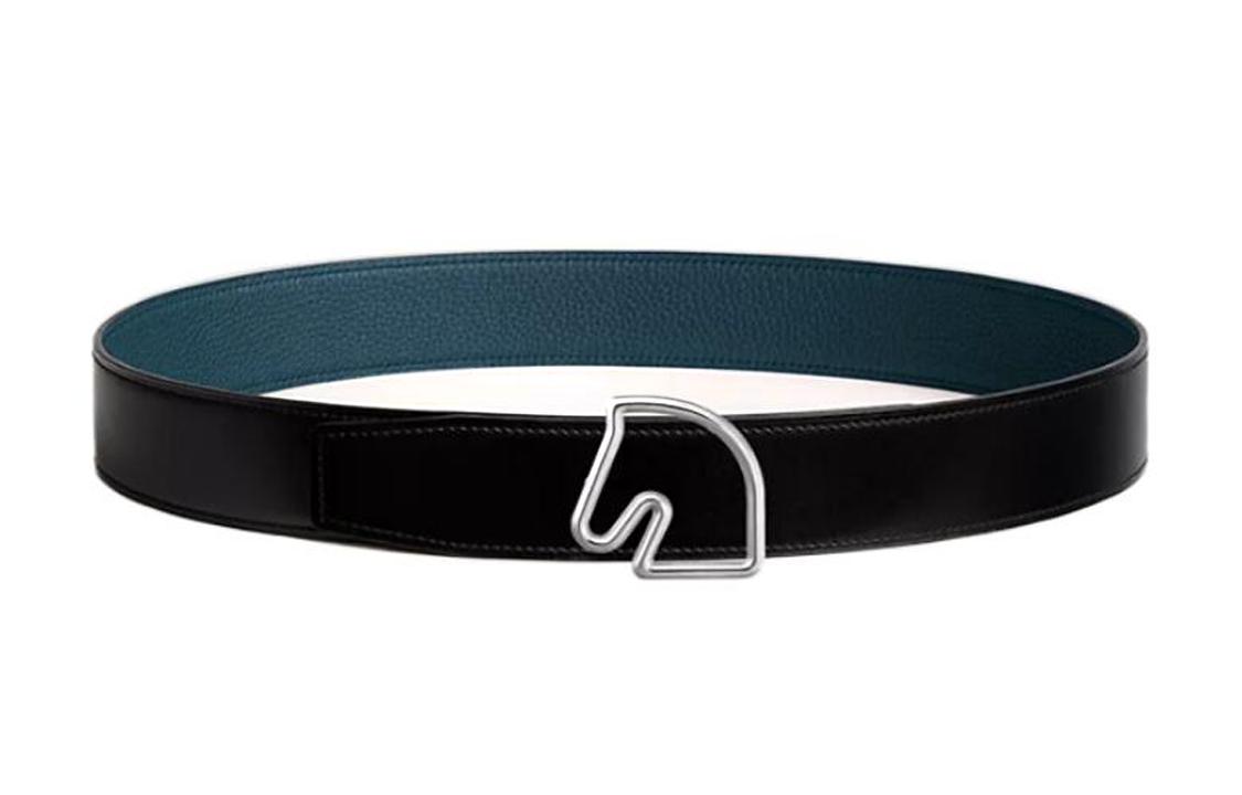 HERMES Horse Head Buckle Double-Sided Smooth Buckle Leather Belts Men's Black/Blue Width: 3.8cm