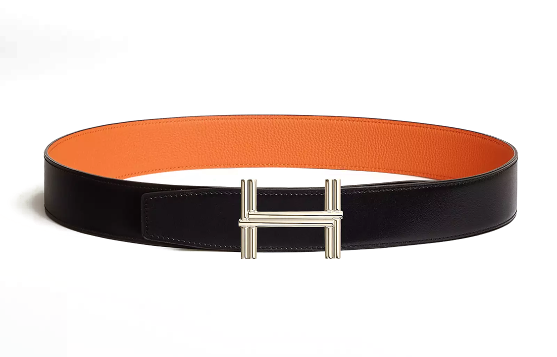 HERMES Logo Buckle Smooth Buckle Leather Belts Men's Orange Width: 3.8cm