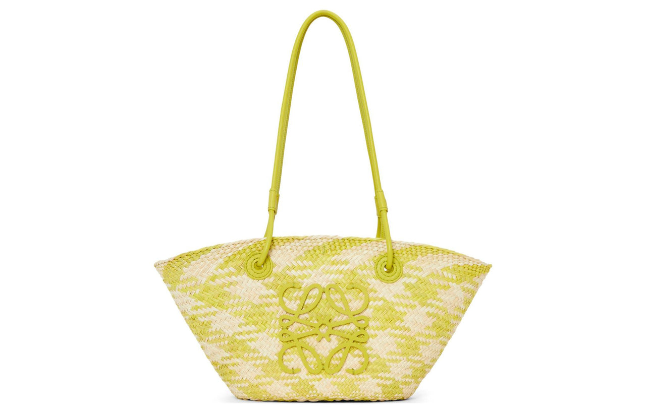 LOEWE Anagram Basket Raffia With Calfskin Handbag, Shoulder Bag Trumpets Women's Natural & Lime Green