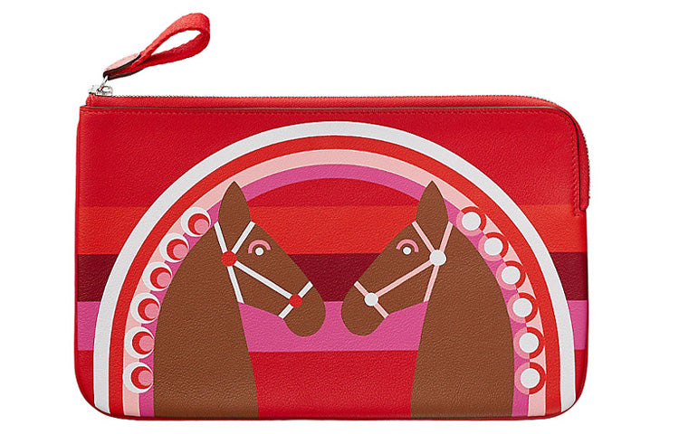 HERMES Cow Leather Clutch Women's Heart Red/Chestnut/Heart Red