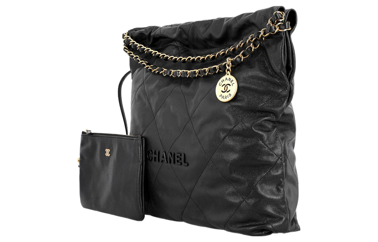 CHANEL 22Bag Grain Cow Leather Bucket Bag Handbag Shoulder Bag Medium Size Women's Black