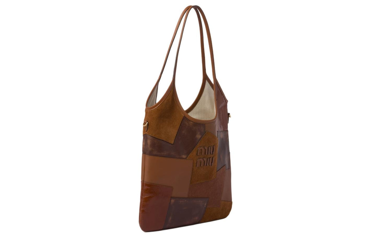 MIU MIU Leather Patchwork Tote Bag Shopping Bag One Shoulder Handbags Women's Cognac