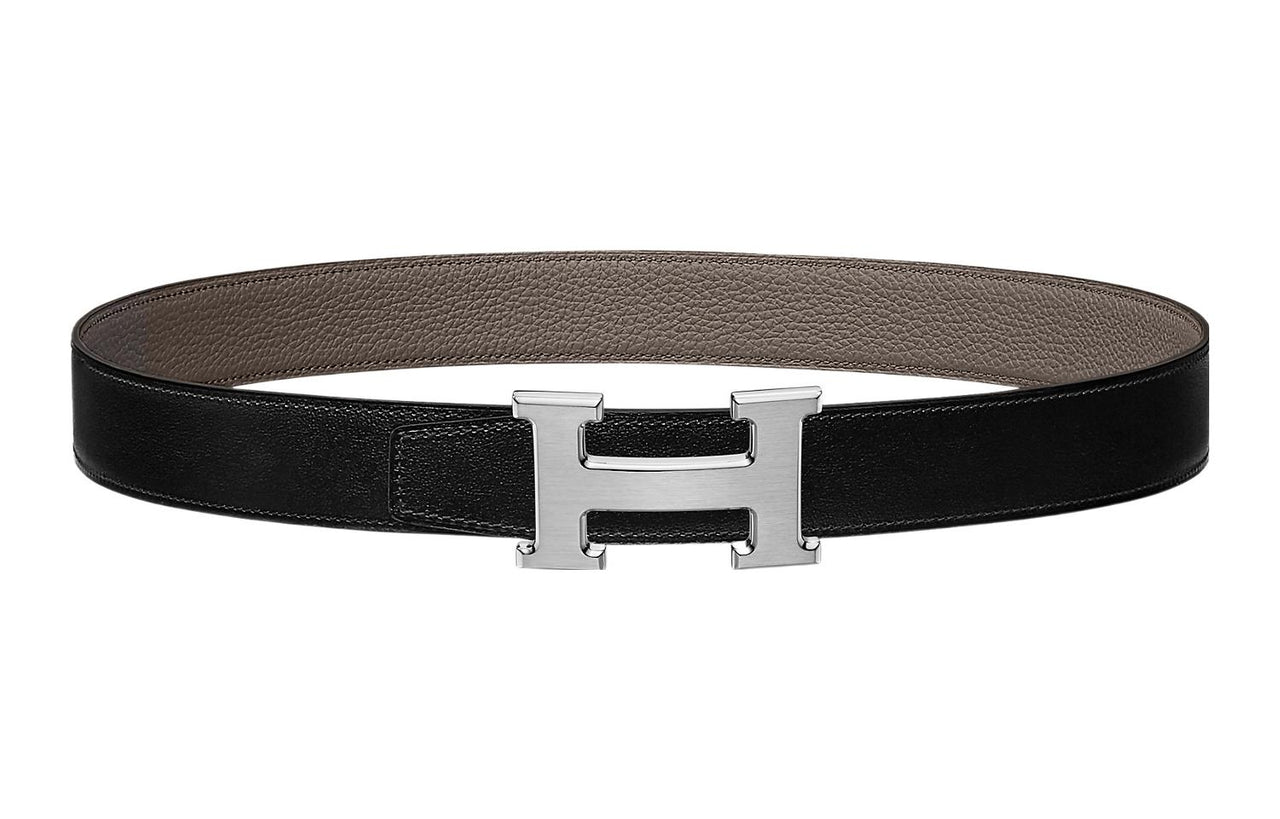 HERMES Individual Silver Buckle Togo Calfskin Double Sided Leather Belt Women's Black/Dark Gray Width 3.2CM