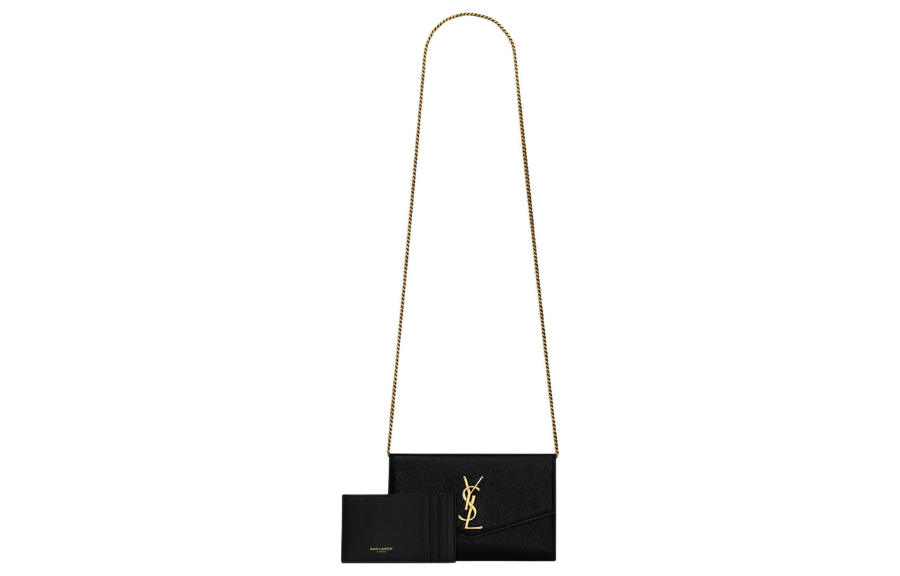 SAINT LAURENT UPTOWN Shiny Grained Leather Envelope Bag Wallets Shoulder Bag Crossbody Bag Mini Women's Black