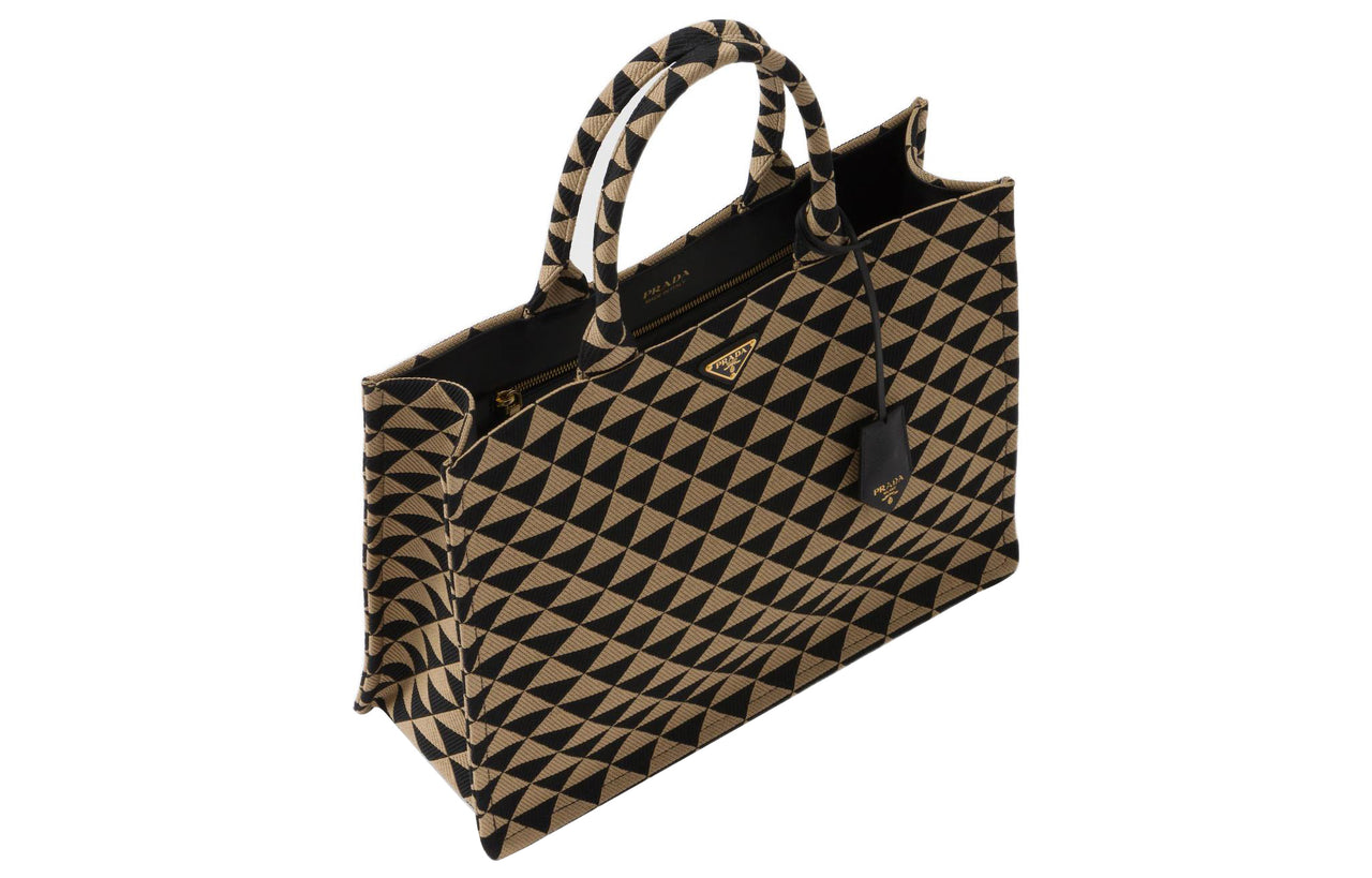 PRADA Symbol Jacquard Fabric With Leather Tote Bag, Shopping Bag, Handbag Women's