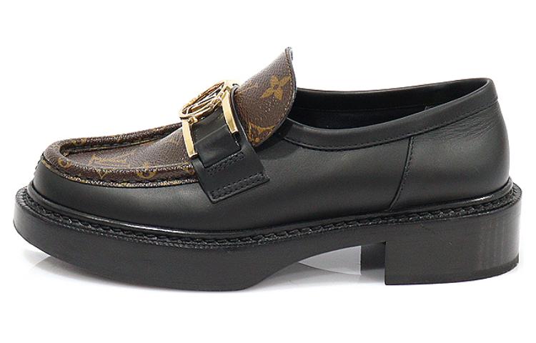 LOUIS VUITTON Academy Loafers 'Black With Brown Monogram And Gold Plate' Women's