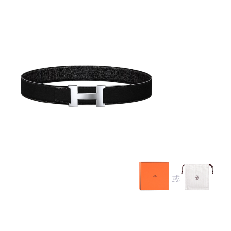 HERMES Calfskin Leather Belts Men's Black Width: 3.8cm