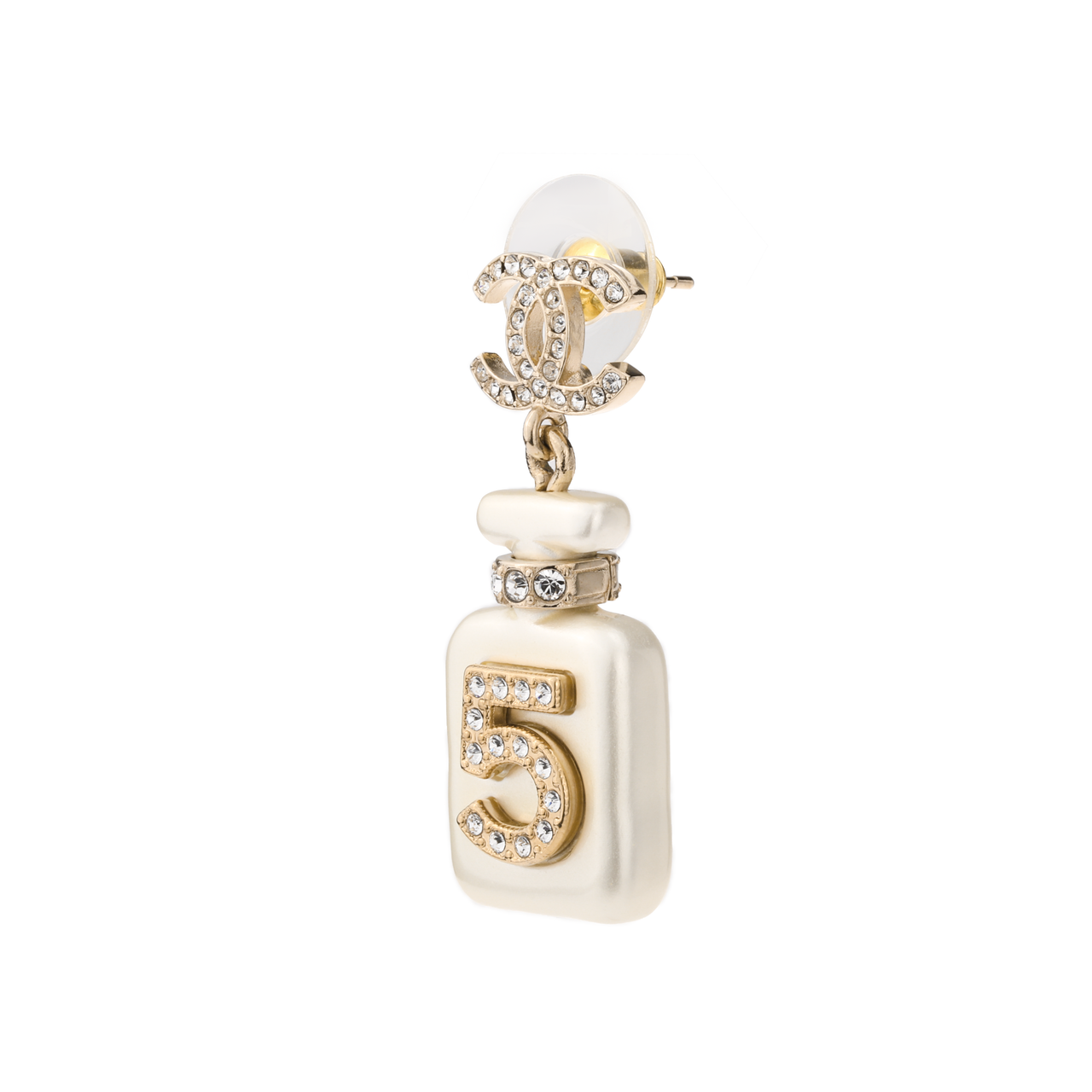 CHANEL 2022 Gold Plated And Pearl Resin Crystal Cc No 5 Perfume Bottle Drop Earrings Costume Earrings
